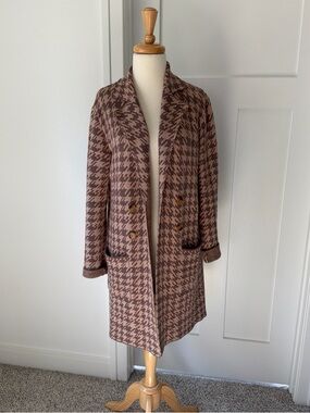 Houndstooth Long Blazer in Brown and Cream